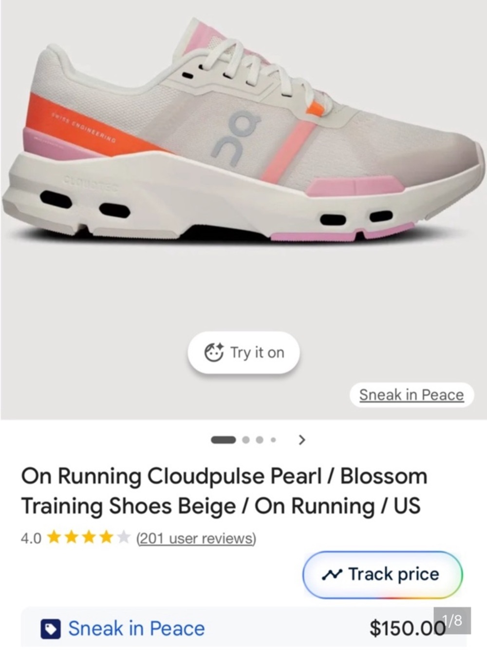On Running Cloudpulse in Pearl Beige with Blossom Pink Accents New Size 9.